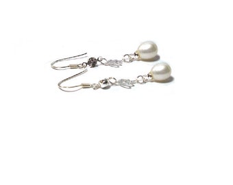 Freshwater Pearl Earrings , Sterling Silver CZ Earrings , 10MM White Freshwater Pearl