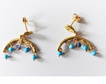 Gold plated earrings, Stones turquoise and iolite