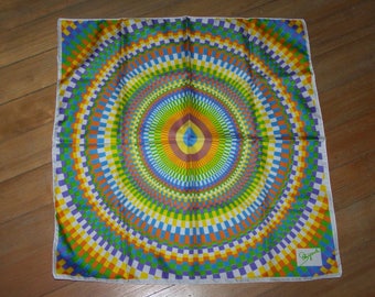 Vintagetuch "Psychodelische Kreise", Tuch, Schal, tragbare Kunst in Weiß, gelb, orange, grün, lila und blau, swinging sixties