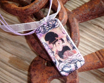 SALE PRICED***Ready For Battle Domino Pendant with Asian Inspired Artwork and Free matching Necklace 88
