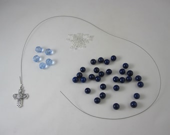 DIY Prayer Bead Kit - Dark Blue River Stone and Ice Blue Fire-Polished Glass