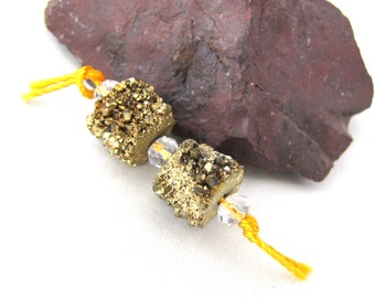 Sparkly Druzy Agate Tubes Stone Golden Metallic Coated Rustic Crusty Rough Organic Earthy Bead - Pair