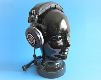 1970s Black Ceramic Mannequin Head, headphone display or hat holder