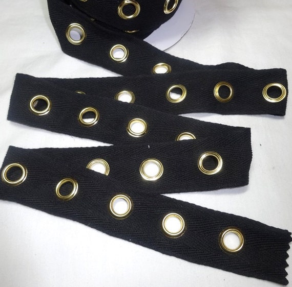 Jumbo Black Eyelet Grommet Twill Tape GOLD Eyes 1 5/8 In.