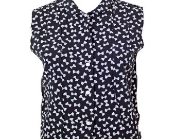 Vintage 1990s Short Black Bow Print Cotton Blouse Size S / Monochrome / Polka Dot Sleeveless Top / Petite Vintage
