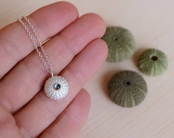 Sterling Silver Sea Urchin Pendant with Blue topaz - Medium Size Urchin Pendant with Chain or Cord