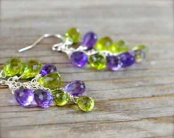 Peridot & amethyst earrings. Sterling silver peridot earrings. Green lavenger gemstone briolette cluster cascade earrings - MADE TO ORDER.