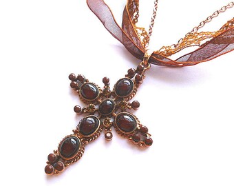 COPPER DESIGNER Cross Necklace, Queen Size Copper Cross with Rhinestones, Cabochons, Ribbon & Lace, Copper Cross with Neck Chain