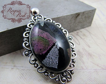 Harlequin Dichroic Glass Pendant in Silvertone Setting, Dichroic glass pendants, statement focals, glass focals, OOAK, beads - reynaredsup