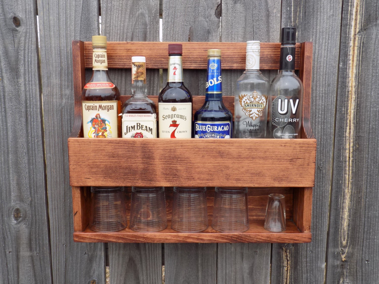 Wall Mount Liquor Rack With Shelf Which Holds Up To 6 Bottles