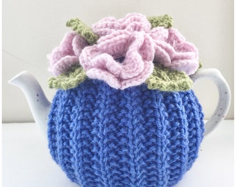 Hand-knitted Floral Tea Cosy in pure wool - Size Small - fits standard 1-2 cup teapots