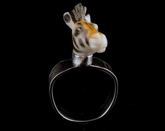 Plastic Zebra Head Ring - Sterling Size 6.5 - Found Object Jewelry
