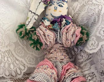 Vintage 1930s 1940s Clown Sock Yo Yo Quilt Sock Doll Fun Fabric Print Yarn Pom Poms Hand Home Made