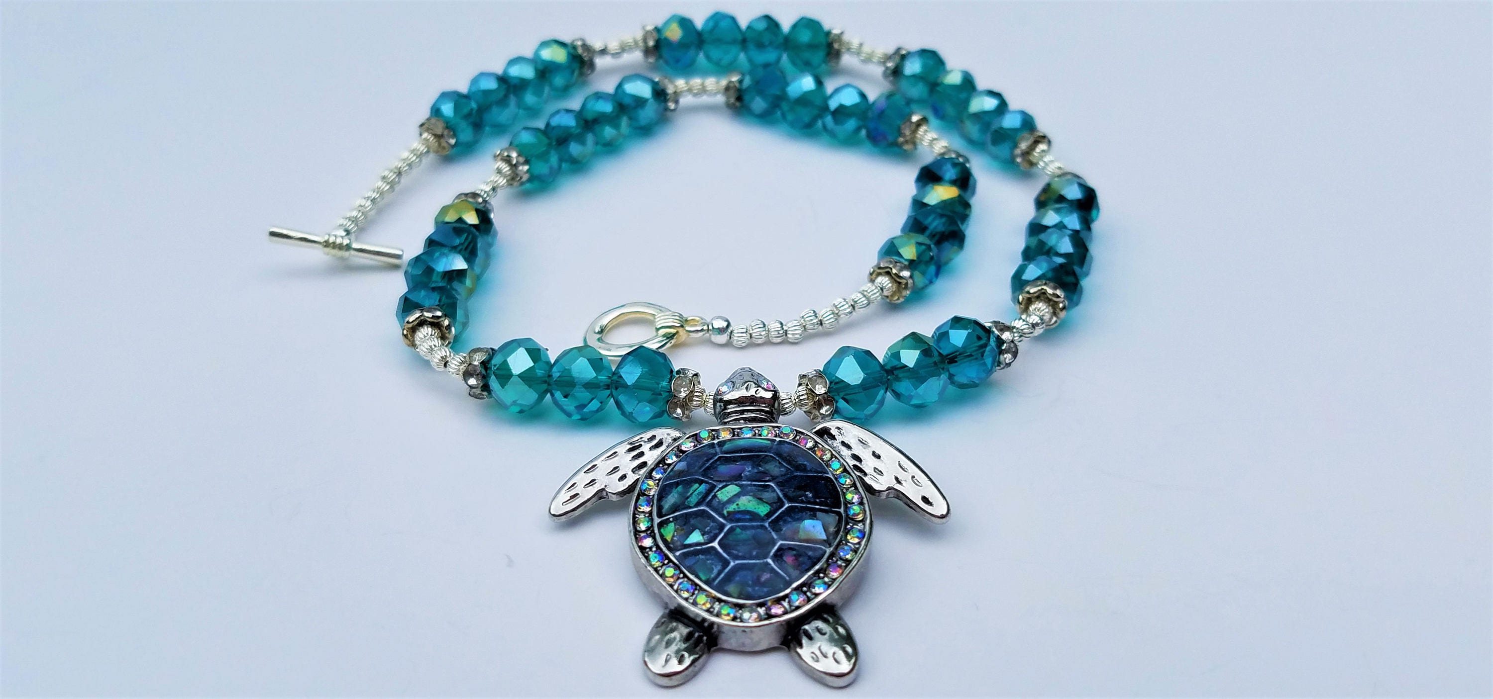 Sea turtle necklace Blue ocean necklace Silver turtle