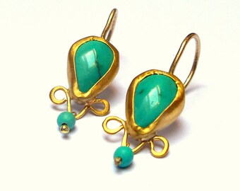Gold Earrings - 22K Gold Earrings - Ethnic Earrings - Turquoise Earrings - Free Shipping!!!