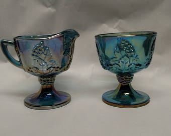 Blue Carnival Glass Creamer and Sugar Set
