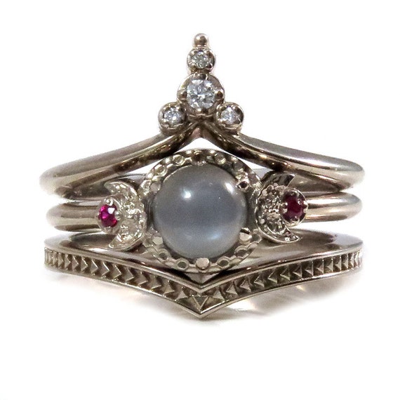 Lunar Temple Grey Moonstone, Ruby and Diamond Moon Engagement Ring Set - 14k Palladium White Gold