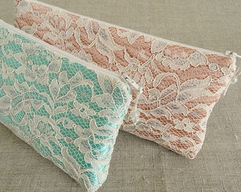 Bridesmaid Clutch Purse Peach Mint Floral Lace Handbag Wedding Bridal Shower Gift for Her