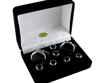 Cufflink and 6 Studs Set - Tuxedo Formal Cufflink Set - Silver Cufflink Set - Black Shirt Set