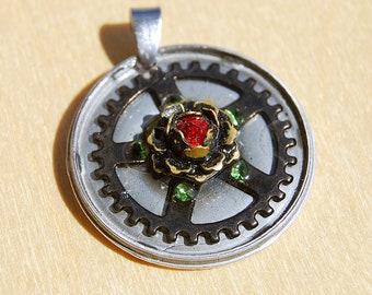 Steampunk jewelry OOAK, Steampunk necklace, Steampunk pendant, Rose and gears, Recycled clock parts