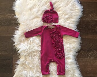 Newborn girl coming home outfit, Organic baby clothes, one piece, romper, infant, going home, take home, one piece, majenta, ruffles, 0-3