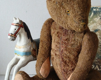 Antique teddy bear stuffed with straw, antique French plush teddy bear