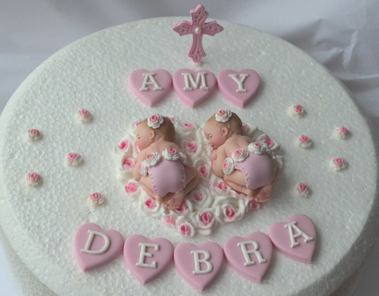 Edible twin baby girls Christening Baptism cake decoration