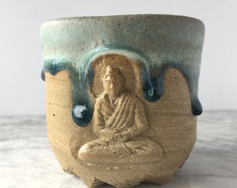 Buddha Tea Bowl Chawan Marbled Glazed Stoneware Art Vessel, Bas Relief Sculpture Cup Agateware
