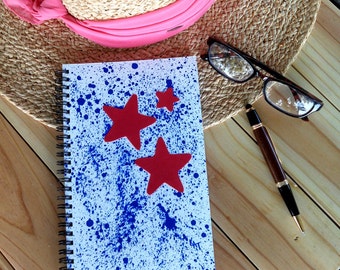 Hand Painted Spiral Journal, Notebook, Sketchbook; Original Art on Cover; Premium Unlined Paper for Writing, Sketching, Doodling; Red Stars