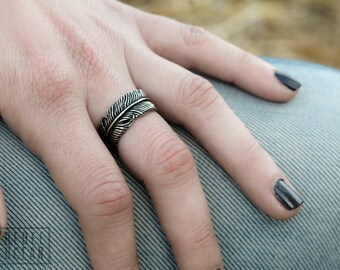 Feather Ring Antique Silver color bronze Adjustable Feather Wrap Ring Boho Jewelry - FRI002