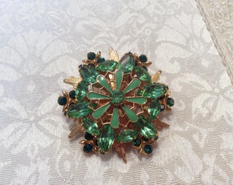 Green Crystal Rhinestone Gold tone Pin Brooch