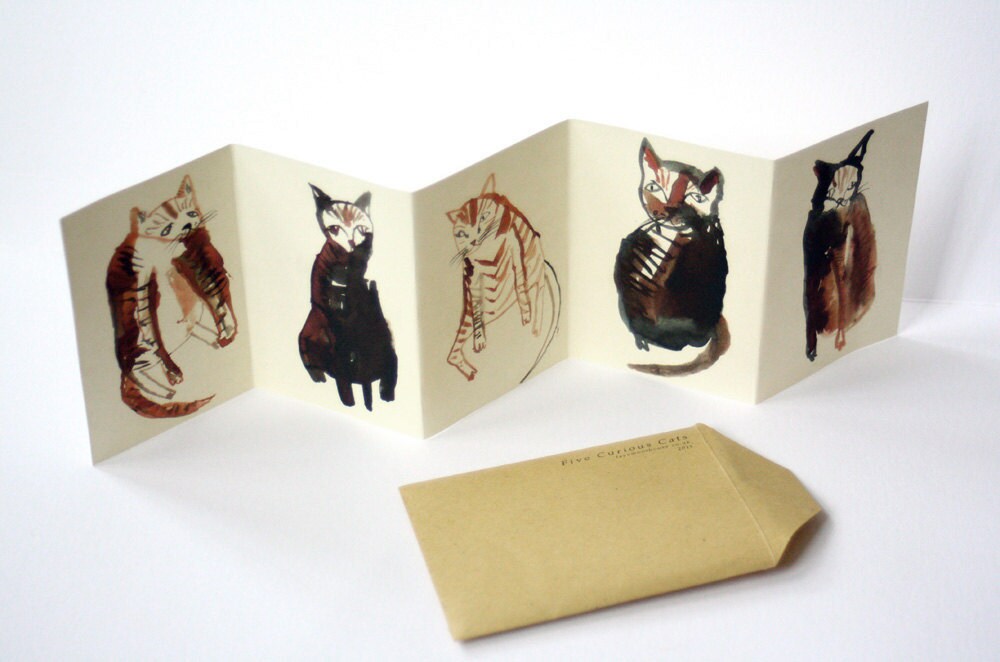 Mini cat zine concertina book FIVE CURIOUS CATS