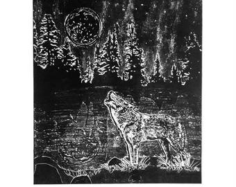 Wolf Collagraph Print