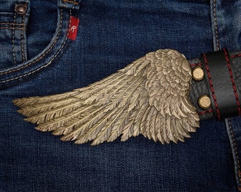 Wings Leather Belt buckle, Eagle Falcon feathers bird men's accessory, strong bovine leather, gift for man, bronze or silver-plated buckle