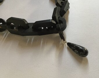Victorian Mourning Vulcanite and Stone Drop Necklace