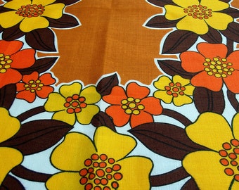 Vintage Kitsch Tea Towel - Brown with Yellow and Orange Flowers 70s Psychedelic Tea Towel