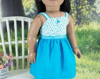 SUNDRESS Dress in Turquoise Blue Polka Dots with Belt JEWELRY and SANDALS Option for American Girl or 18 inch Doll