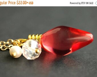 SUMMER SALE Cranberry Red Christmas Bulb Necklace with Clear Crystal and Pearl Charm. Christmas Necklace. Gold Holiday Necklace. Christmas J