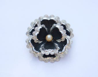 Vintage Black Flower Brooch - Vintage 60's Flower Power Brooch - Hand Painted