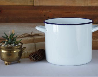 Vintage Enamel Pot - White and Blue Pot - Rustic Decor - Farmhouse Kitchen - Inside Diameter 7.6"