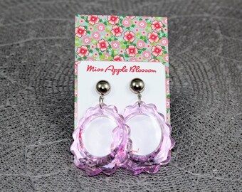 Vintage inspired earrings, pendant earrings big loop purple, 60s