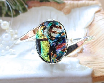 Silver Plated Dichroic Glass Cuff Bracelet, Gold, Orange, Green, One of a Kind