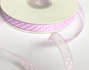 3/8" Organza Ribbon, Light Purple organza 50 yards spool of ribbon. Swiss Dot Ribbon, Lavender Ribbon w white dots, Purple polka dot ribbon.