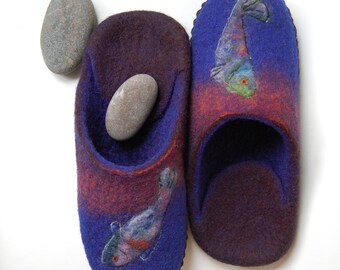 Fishes art slippers Men wool house shoes Felted men slippers gift for Fisherman Brown denim Blue slippers - to order