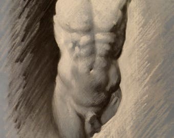 original charcoal drawing male torso cast
