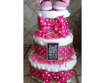 3-Tier Glitter Gold and Hot Pink Polka Dot Baby Girl Diaper Cake