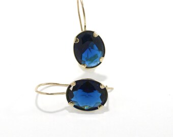14K Gold Earrings, Blue Zircon Earrings, Gold Drop Earrings, Oval Drop Earrings, Navy Blue Earrings, Anniversary Gift, Bridal Shower Gift,