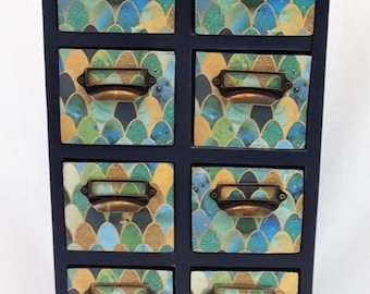 Wood Cabinet 8 Drawers Blues Gold Label Drawer Pulls Hand Painted Decoupage Paper