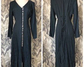Vintage Decked Out Green White Polka Dot Button Down Tie Back Corset Like Dress Sz 11/12 M/L Maxi Long Sleeve 80’s USA Made