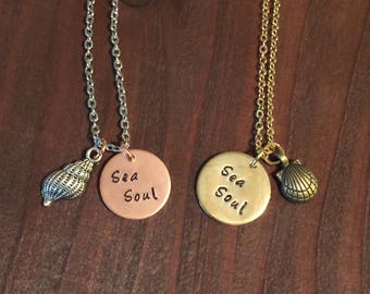 Sea Soul Necklace, Sea Shell Necklace, Brass Pendant Necklace, Beach Jewelry, Hand Stamped Necklace, Hand Stamped Jewelry